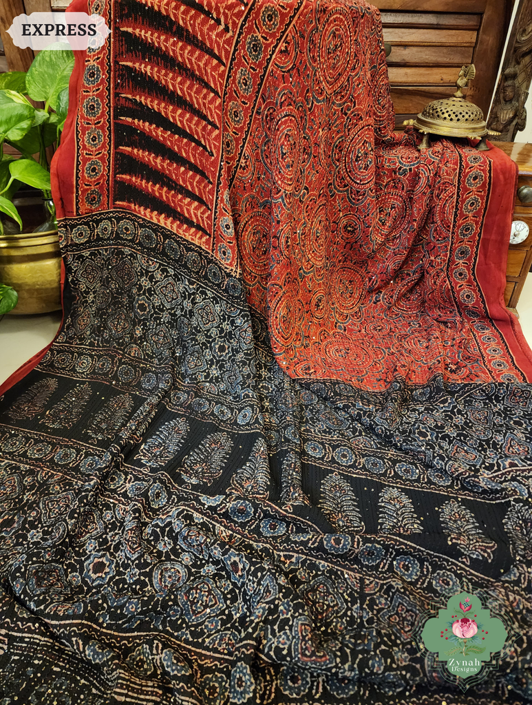 Zynah Madder Red & Black Hand-Block Printed Georgette Silk Ajrakh Saree with Sequins Highlight; Custom Stitched/Ready-made Blouse, Fall, Petticoat; SKU: 1004202503