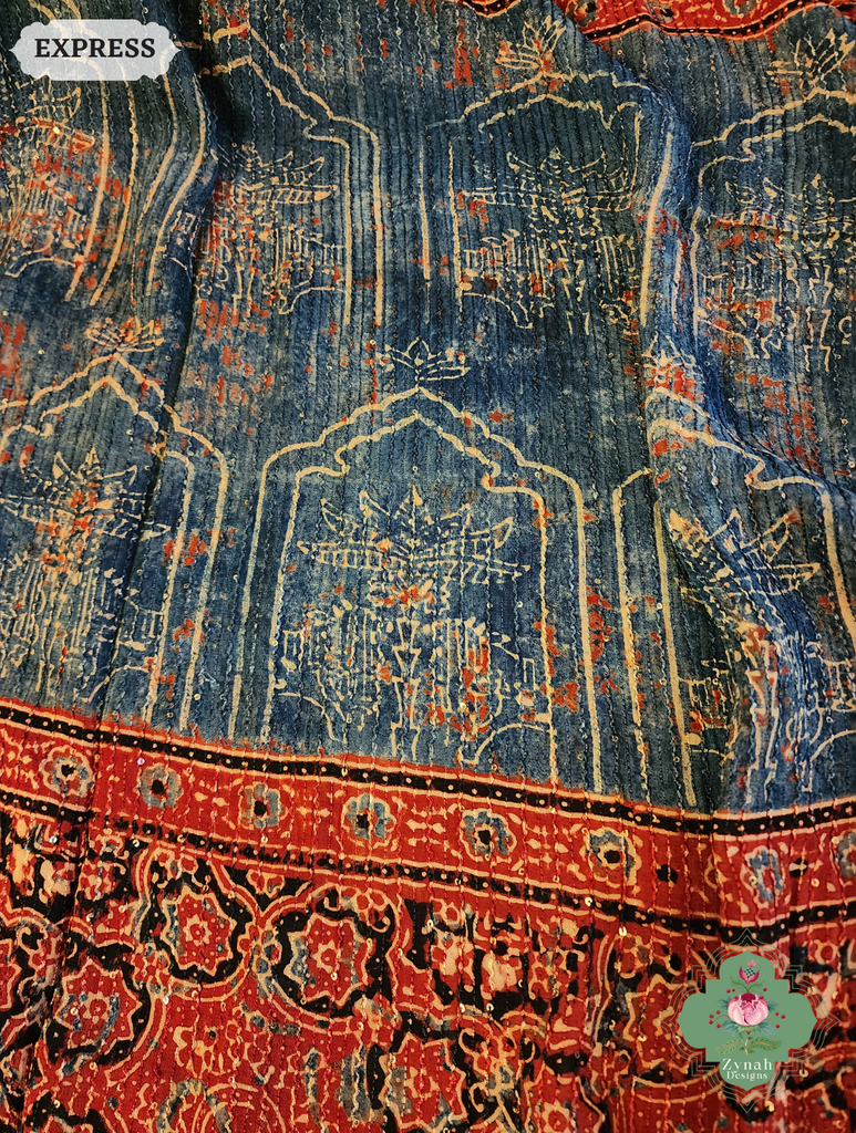 Zynah Madder Red & Indigo Hand-Block Printed Georgette Silk Ajrakh Saree with Sequins Highlight; Custom Stitched/Ready-made Blouse, Fall, Petticoat; SKU: 1004202504