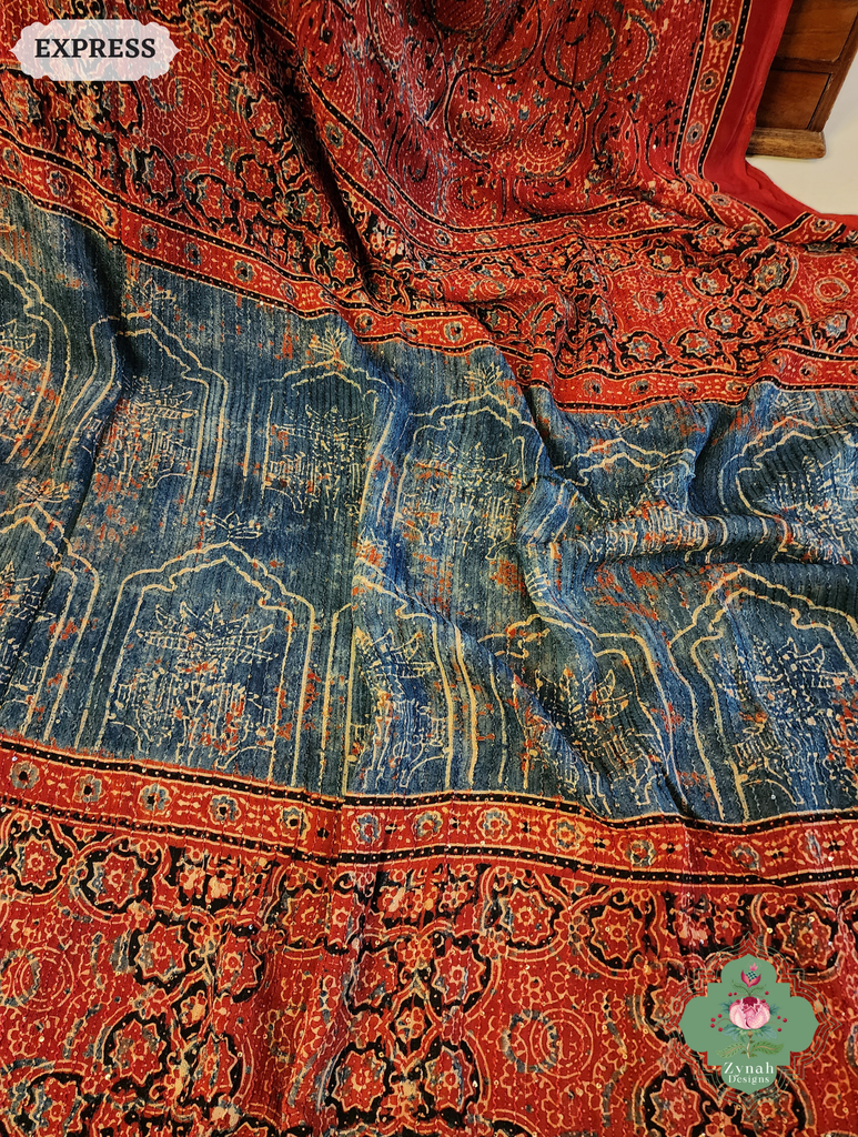 Zynah Madder Red & Indigo Hand-Block Printed Georgette Silk Ajrakh Saree with Sequins Highlight; Custom Stitched/Ready-made Blouse, Fall, Petticoat; SKU: 1004202504
