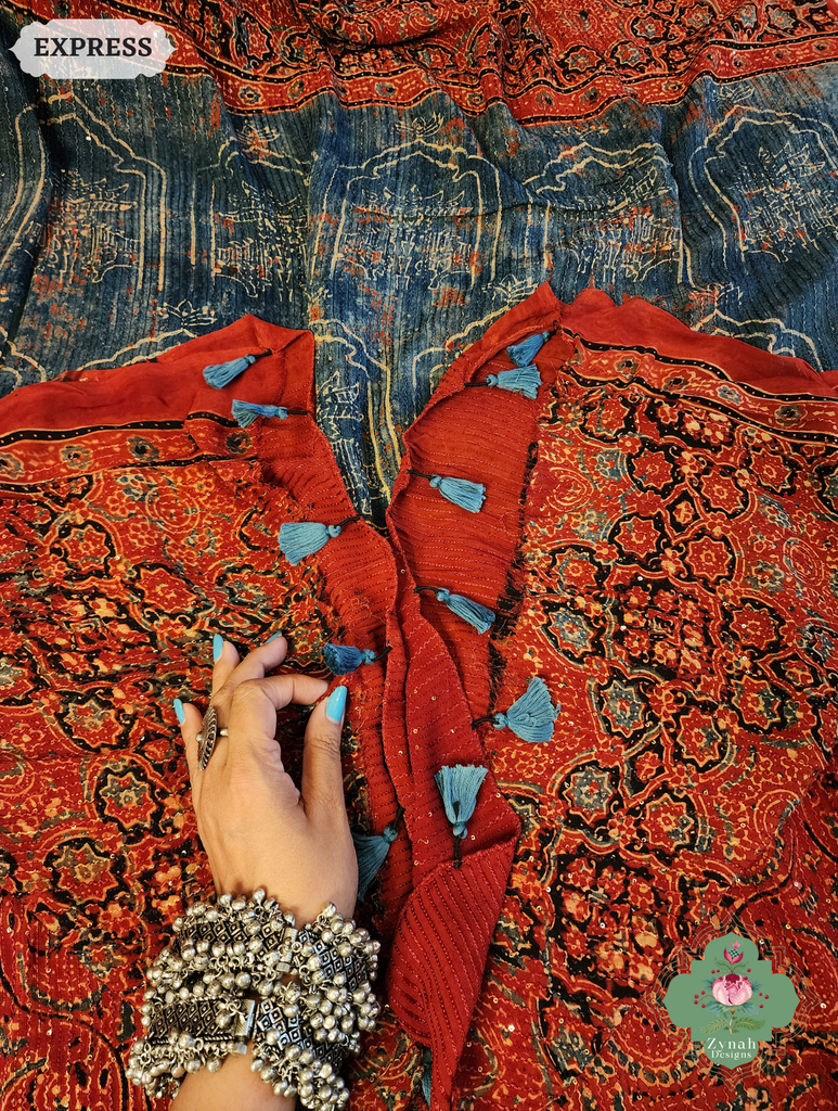 Zynah Madder Red & Indigo Hand-Block Printed Georgette Silk Ajrakh Saree with Sequins Highlight; Custom Stitched/Ready-made Blouse, Fall, Petticoat; SKU: 1004202504