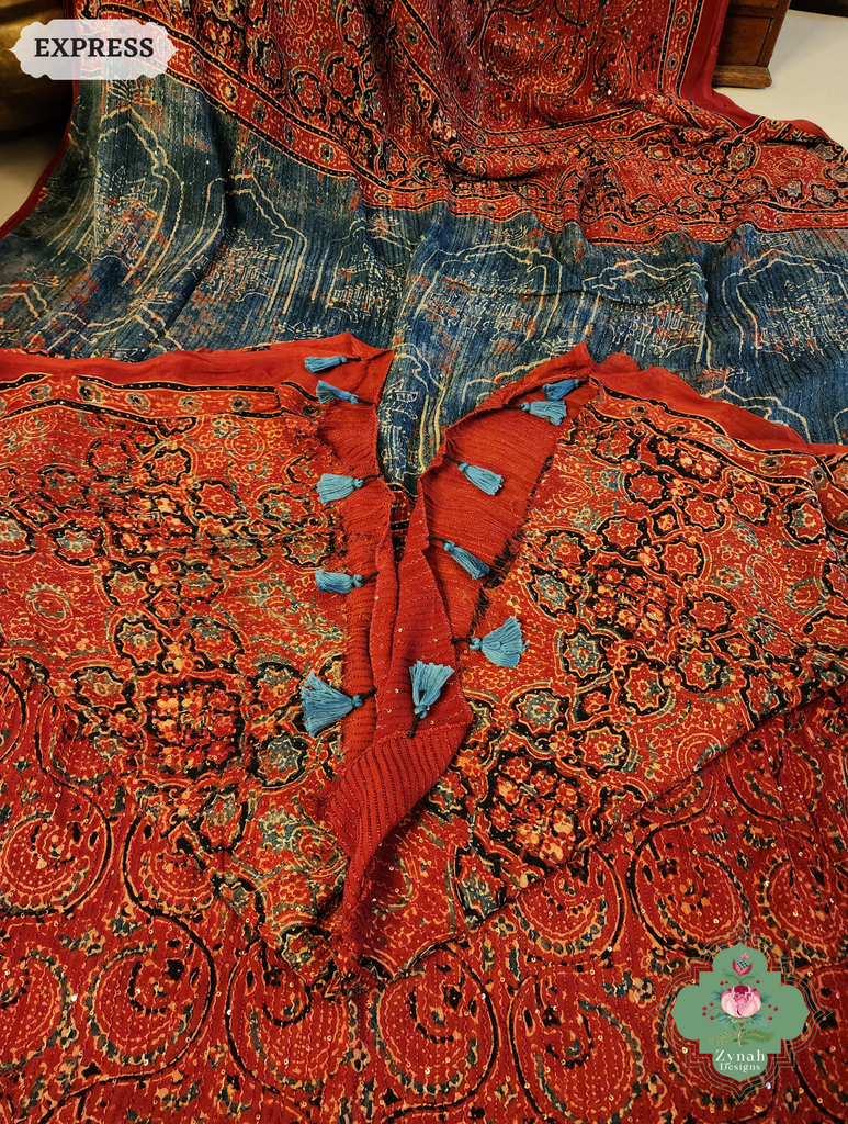 Zynah Madder Red & Indigo Hand-Block Printed Georgette Silk Ajrakh Saree with Sequins Highlight; Custom Stitched/Ready-made Blouse, Fall, Petticoat; SKU: 1004202504