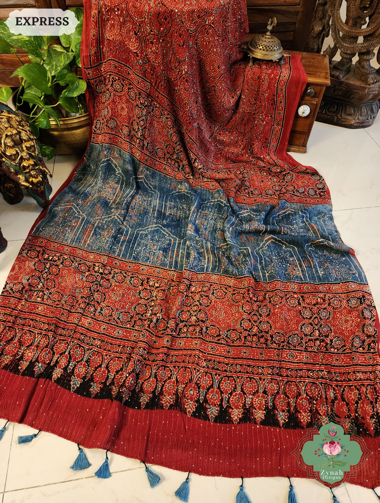 Zynah Madder Red & Indigo Hand-Block Printed Georgette Silk Ajrakh Saree with Sequins Highlight; Custom Stitched/Ready-made Blouse, Fall, Petticoat; SKU: 1004202504