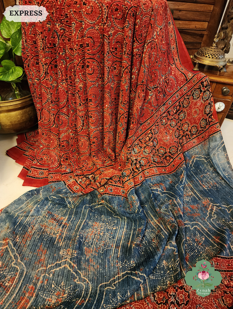 Zynah Madder Red & Indigo Hand-Block Printed Georgette Silk Ajrakh Saree with Sequins Highlight; Custom Stitched/Ready-made Blouse, Fall, Petticoat; SKU: 1004202504