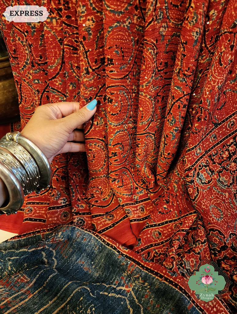 Zynah Madder Red & Indigo Hand-Block Printed Georgette Silk Ajrakh Saree with Sequins Highlight; Custom Stitched/Ready-made Blouse, Fall, Petticoat; SKU: 1004202504