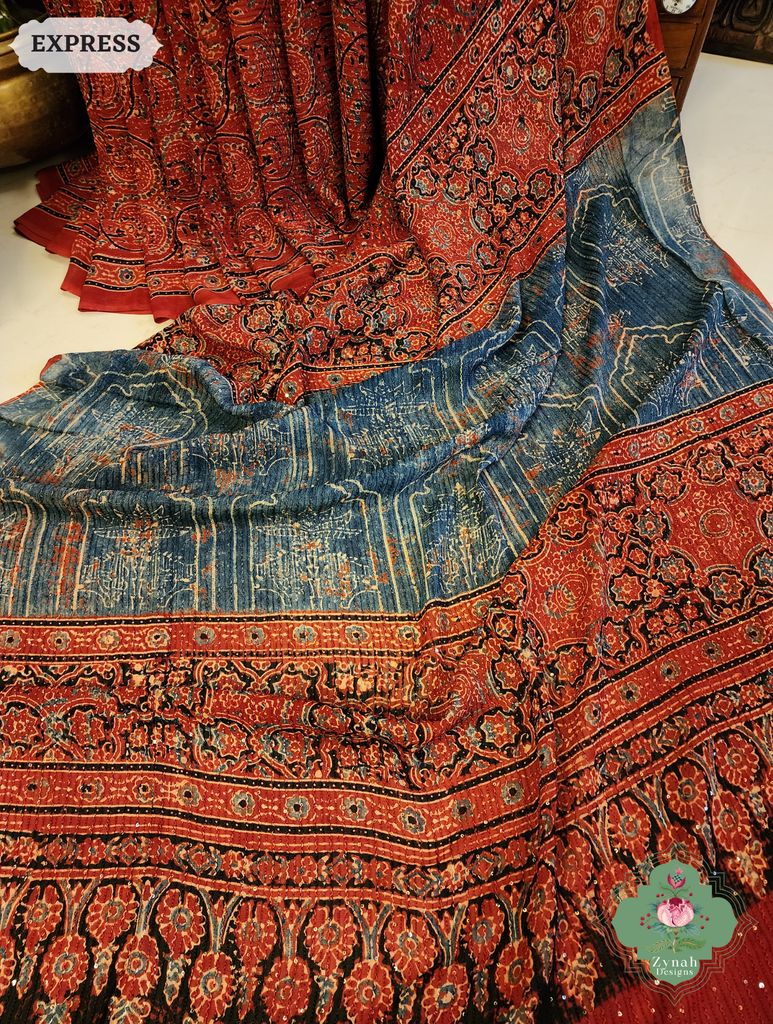 Zynah Madder Red & Indigo Hand-Block Printed Georgette Silk Ajrakh Saree with Sequins Highlight; Custom Stitched/Ready-made Blouse, Fall, Petticoat; SKU: 1004202504
