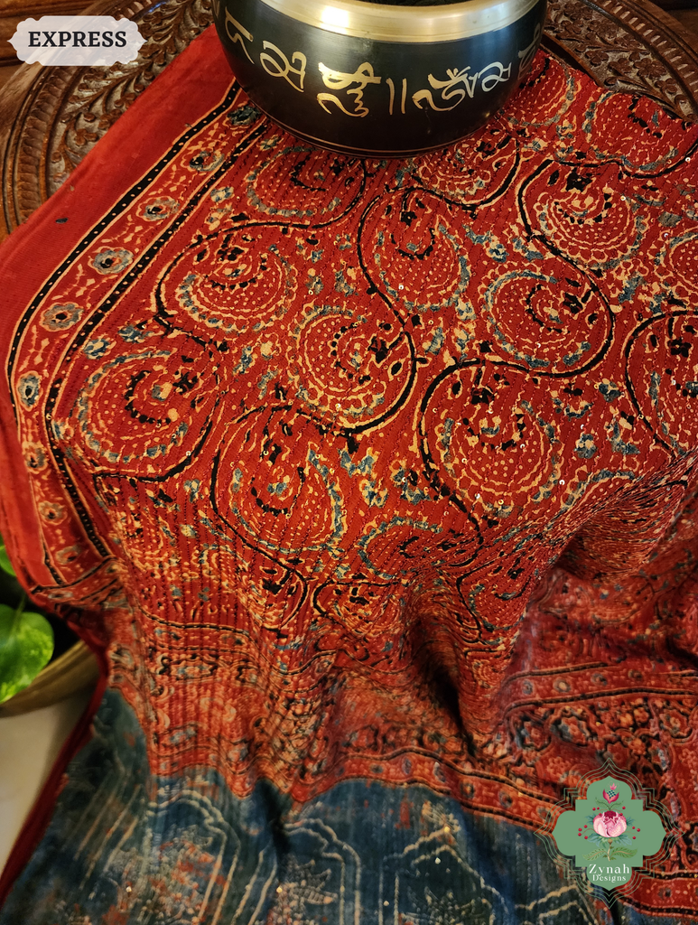 Zynah Madder Red & Indigo Hand-Block Printed Georgette Silk Ajrakh Saree with Sequins Highlight; Custom Stitched/Ready-made Blouse, Fall, Petticoat; SKU: 1004202504