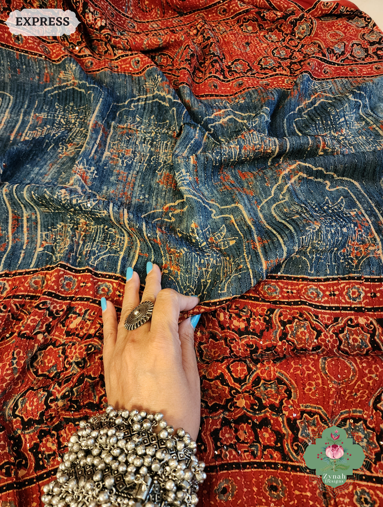 Zynah Madder Red & Indigo Hand-Block Printed Georgette Silk Ajrakh Saree with Sequins Highlight; Custom Stitched/Ready-made Blouse, Fall, Petticoat; SKU: 1004202504