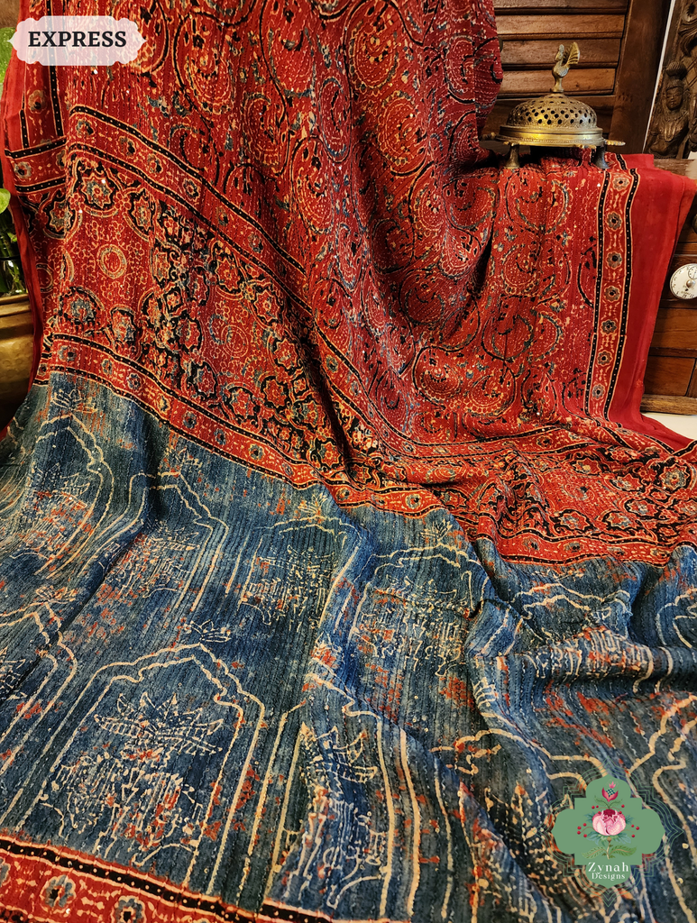 Zynah Madder Red & Indigo Hand-Block Printed Georgette Silk Ajrakh Saree with Sequins Highlight; Custom Stitched/Ready-made Blouse, Fall, Petticoat; SKU: 1004202504