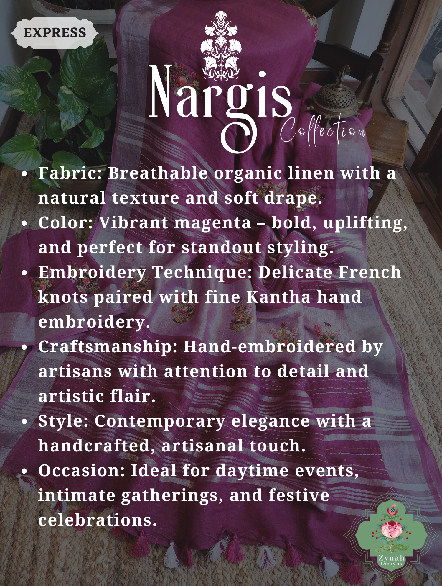 Zynah Magenta Organic Linen Saree With French Knot & Kantha Hand Embroidery; Custom Stitched/Ready-made Blouse, Fall, Petticoat; SKU: 0905202501 Zynah Magenta Organic Linen Saree With French Knot & Kantha Hand Embroidery; Custom Stitched/Ready-made Blouse, Fall, Petticoat; SKU: 0905202501