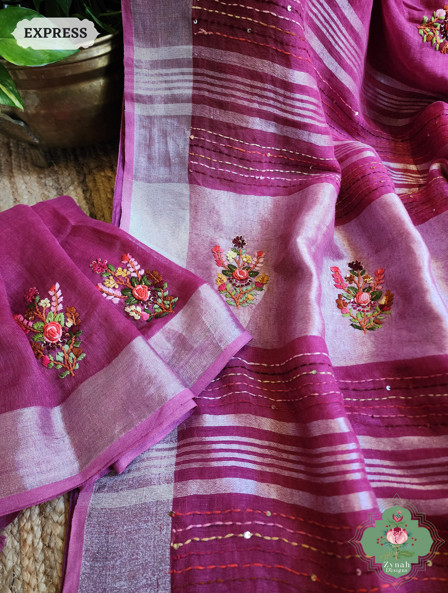 Zynah Magenta Organic Linen Saree With French Knot & Kantha Hand Embroidery; Custom Stitched/Ready-made Blouse, Fall, Petticoat; SKU: 0905202501