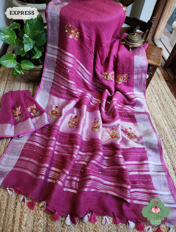 Zynah Magenta Organic Linen Saree With French Knot & Kantha Hand Embroidery; Custom Stitched/Ready-made Blouse, Fall, Petticoat; SKU: 0905202501