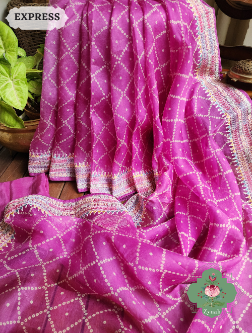 Zynah Magenta Organza Silk Saree With Bandhani Prints & Multi-coloured Embroidery On Pallu And Border; Custom Stitched/Ready-made Blouse, Fall, Petticoat; SKU: 1905202302