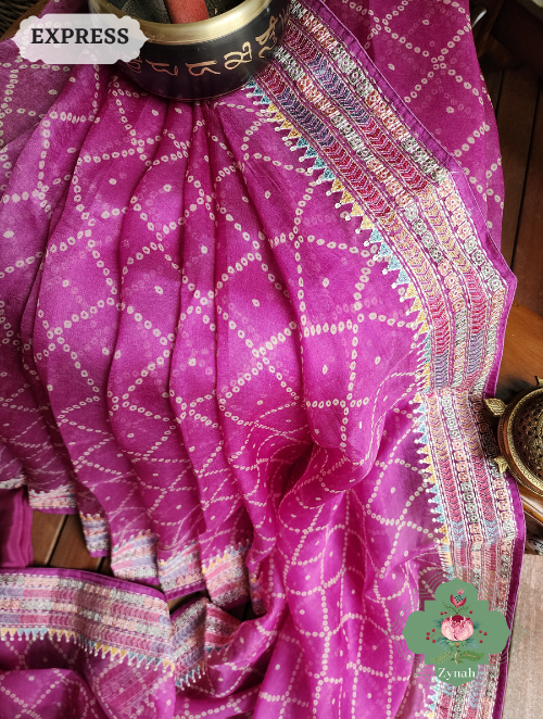 Zynah Magenta Organza Silk Saree With Bandhani Prints & Multi-coloured Embroidery On Pallu And Border; Custom Stitched/Ready-made Blouse, Fall, Petticoat; SKU: 1905202302