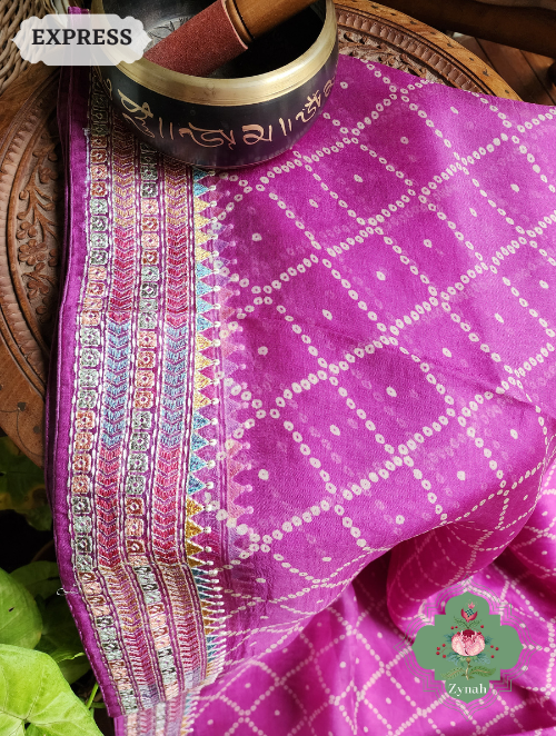 Zynah Magenta Organza Silk Saree With Bandhani Prints & Multi-coloured Embroidery On Pallu And Border; Custom Stitched/Ready-made Blouse, Fall, Petticoat; SKU: 1905202302