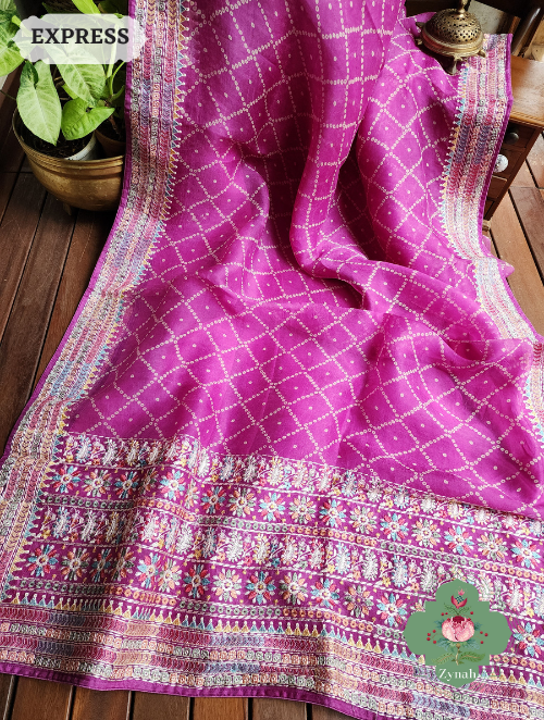 Zynah Magenta Organza Silk Saree With Bandhani Prints & Multi-coloured Embroidery On Pallu And Border; Custom Stitched/Ready-made Blouse, Fall, Petticoat; SKU: 1905202302