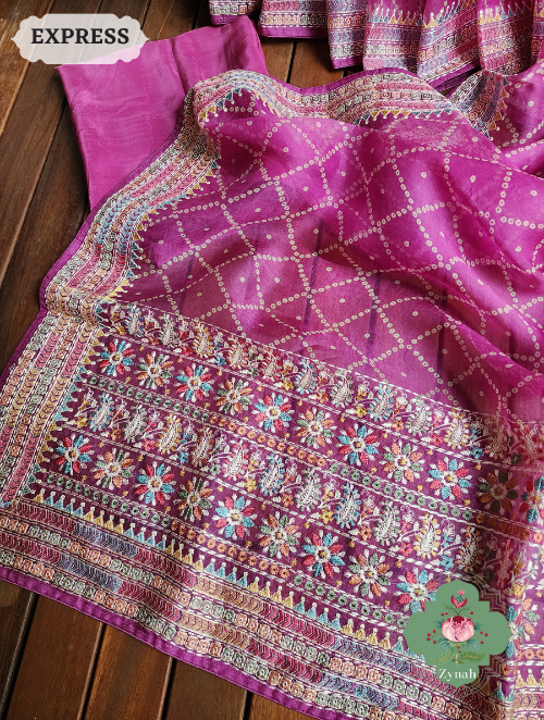 Zynah Magenta Organza Silk Saree With Bandhani Prints & Multi-coloured Embroidery On Pallu And Border; Custom Stitched/Ready-made Blouse, Fall, Petticoat; SKU: 1905202302