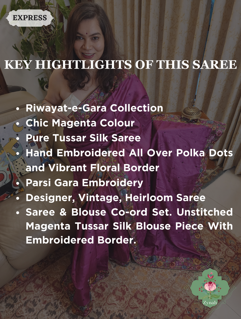 Magenta Pure Tussar Silk Hand Embroidered Parsi Gara Saree 02