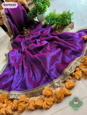 Zynah Metallic Magenta Purple Linen Tissue Saree With Scalloped Lace & Mustard Tassels; Custom Stitched/Ready-made Blouse, Fall, Petticoat; SKU: 2703202511