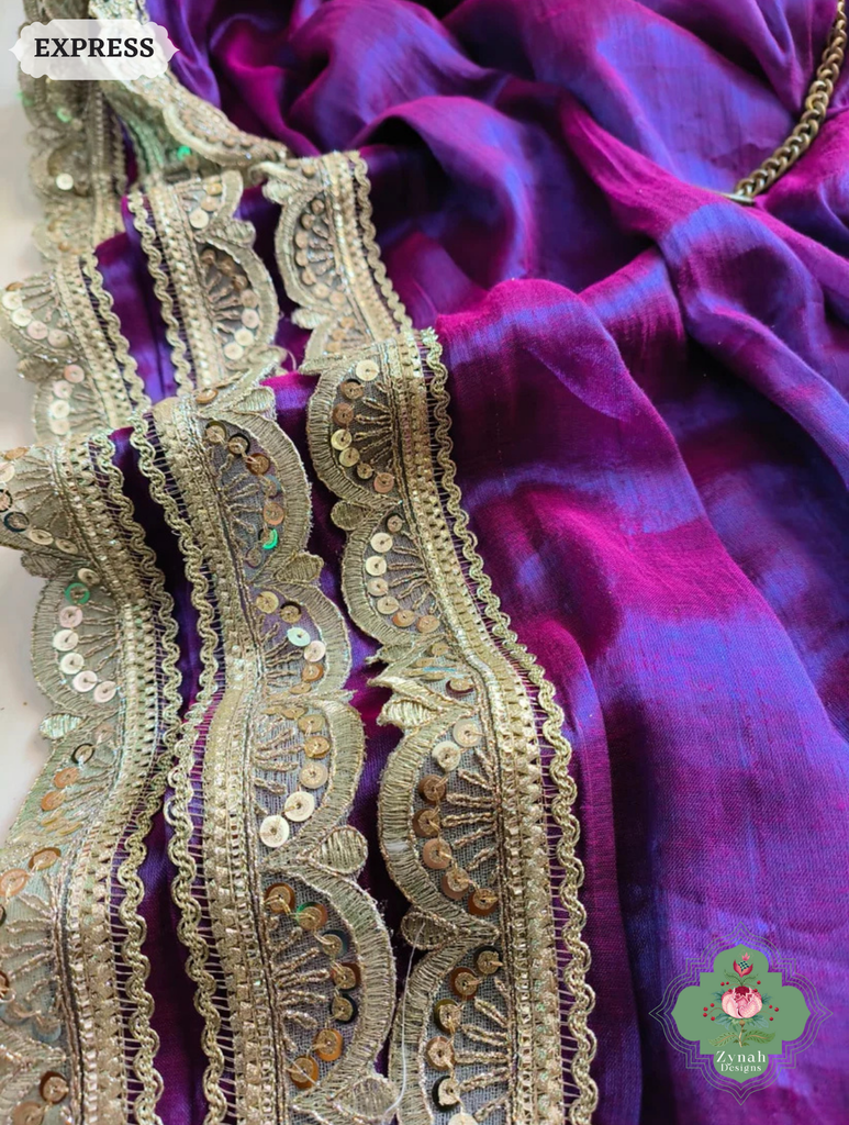 Zynah Metallic Magenta Purple Linen Tissue Saree With Scalloped Lace & Mustard Tassels; Custom Stitched/Ready-made Blouse, Fall, Petticoat; SKU: 2703202511