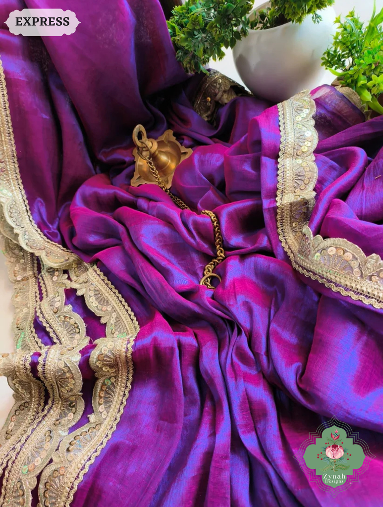 Zynah Metallic Magenta Purple Linen Tissue Saree With Scalloped Lace & Mustard Tassels; Custom Stitched/Ready-made Blouse, Fall, Petticoat; SKU: 2703202511