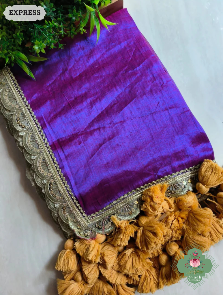Zynah Metallic Magenta Purple Linen Tissue Saree With Scalloped Lace & Mustard Tassels; Custom Stitched/Ready-made Blouse, Fall, Petticoat; SKU: 2703202511
