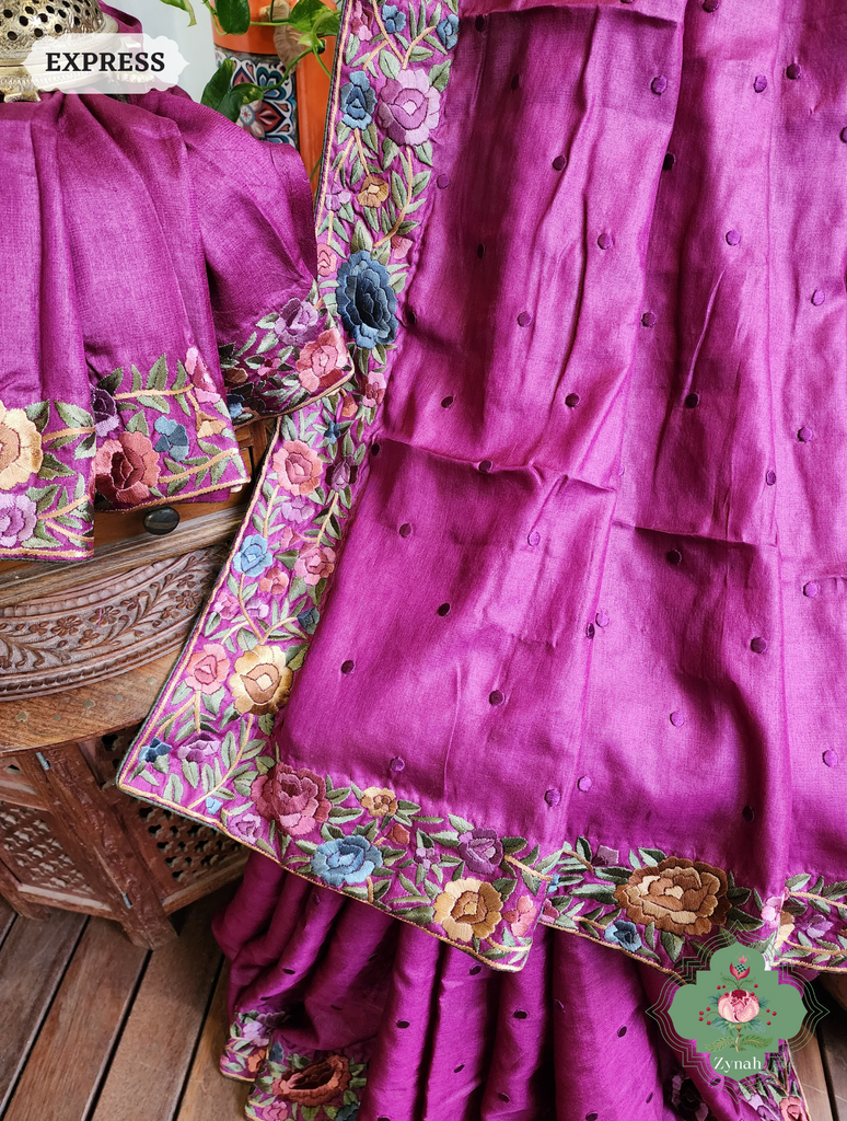 Zynah Magenta Tussar Hand Embroidered Parsi Gara Saree With Polka Butis; Custom Stitched/Ready-made Blouse, Fall, Petticoat; SKU: 1806202302