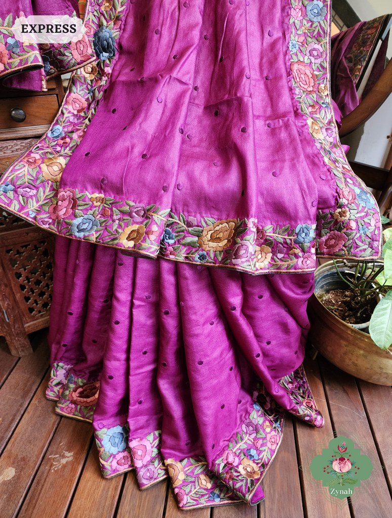 Zynah Magenta Tussar Hand Embroidered Parsi Gara Saree With Polka Butis; Custom Stitched/Ready-made Blouse, Fall, Petticoat; SKU: 1806202302