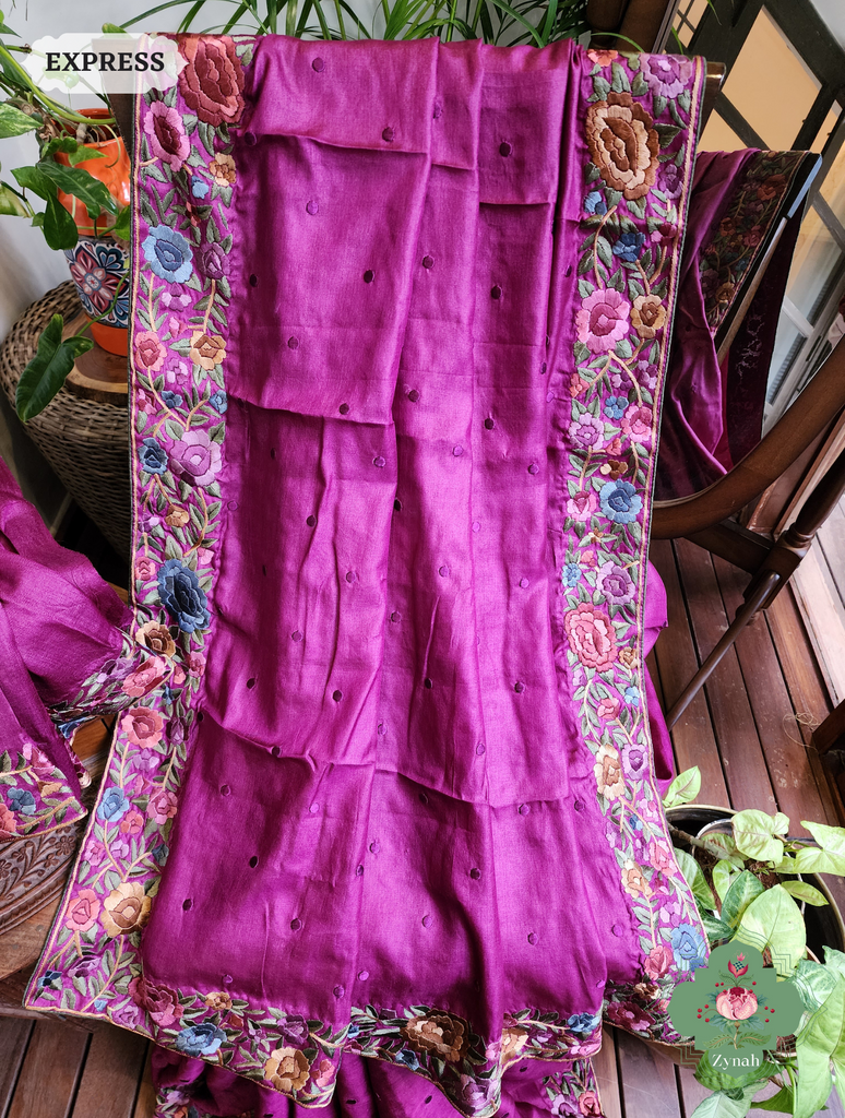 Zynah Magenta Tussar Hand Embroidered Parsi Gara Saree With Polka Butis; Custom Stitched/Ready-made Blouse, Fall, Petticoat; SKU: 1806202302