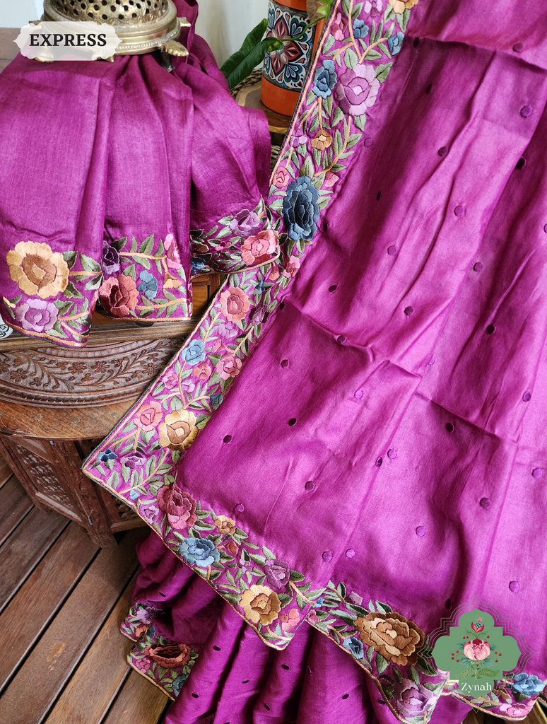 Zynah Magenta Tussar Hand Embroidered Parsi Gara Saree With Polka Butis; Custom Stitched/Ready-made Blouse, Fall, Petticoat; SKU: 1806202302