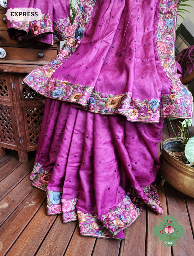 Zynah Magenta Tussar Hand Embroidered Parsi Gara Saree With Polka Butis; Custom Stitched/Ready-made Blouse, Fall, Petticoat; SKU: 1806202302