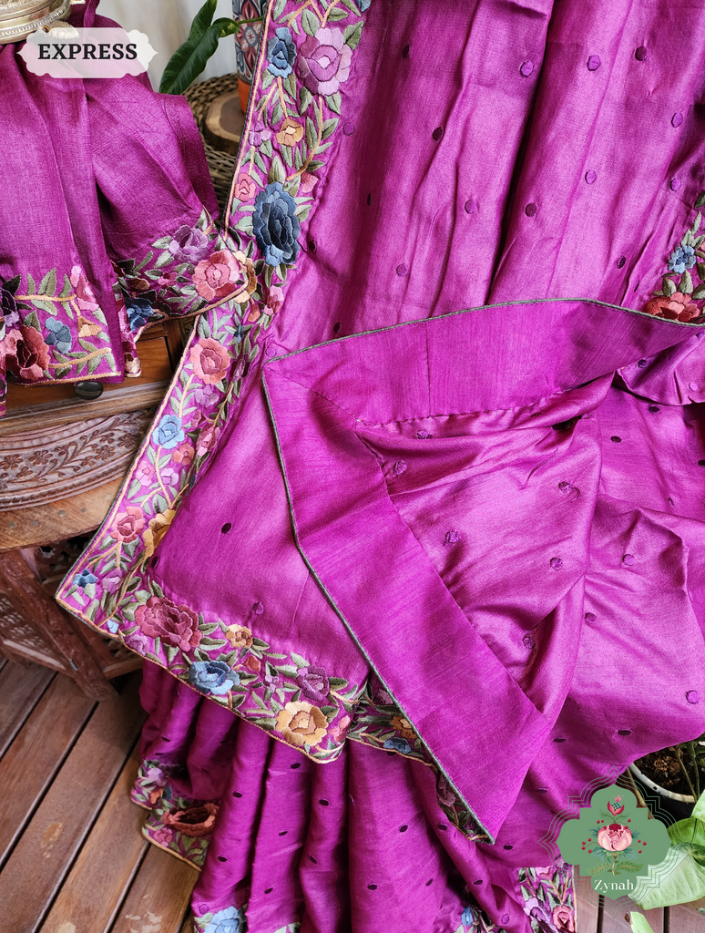 Zynah Magenta Tussar Hand Embroidered Parsi Gara Saree With Polka Butis; Custom Stitched/Ready-made Blouse, Fall, Petticoat; SKU: 1806202302