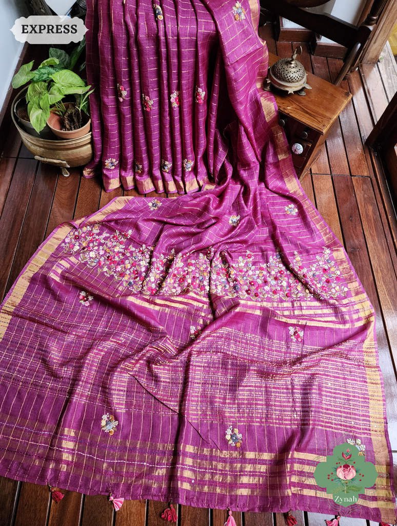 Zynah Magenta / Gold Self Checkered Pure Tussar Silk Saree With Frenchknot Hand Embroidery; Custom Stitched/Ready-made Blouse, Fall, Petticoat; SKU: 2908202304