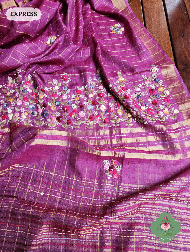 Zynah Magenta / Gold Self Checkered Pure Tussar Silk Saree With Frenchknot Hand Embroidery; Custom Stitched/Ready-made Blouse, Fall, Petticoat; SKU: 2908202304