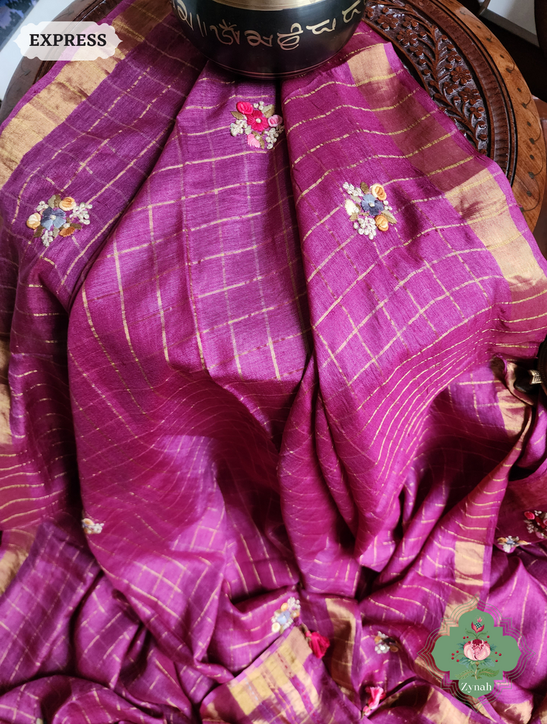 Zynah Magenta / Gold Self Checkered Pure Tussar Silk Saree With Frenchknot Hand Embroidery; Custom Stitched/Ready-made Blouse, Fall, Petticoat; SKU: 2908202304