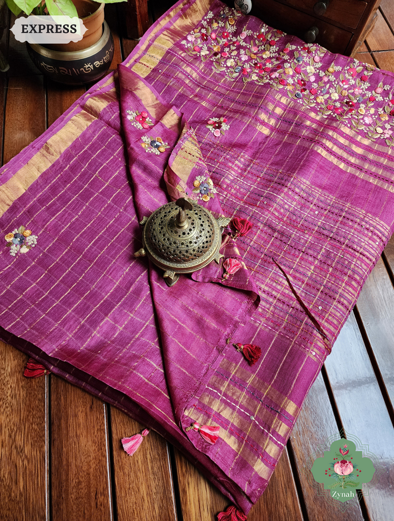 Zynah Magenta / Gold Self Checkered Pure Tussar Silk Saree With Frenchknot Hand Embroidery; Custom Stitched/Ready-made Blouse, Fall, Petticoat; SKU: 2908202304