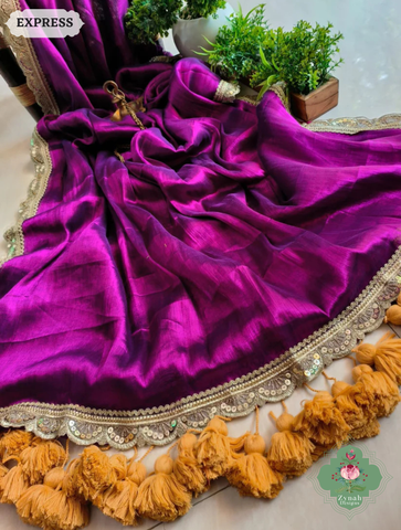 Zynah Metallic Magenta Linen Tissue Saree With Scalloped Lace & Mustard Tassels; Custom Stitched/Ready-made Blouse, Fall, Petticoat; SKU: 2703202512