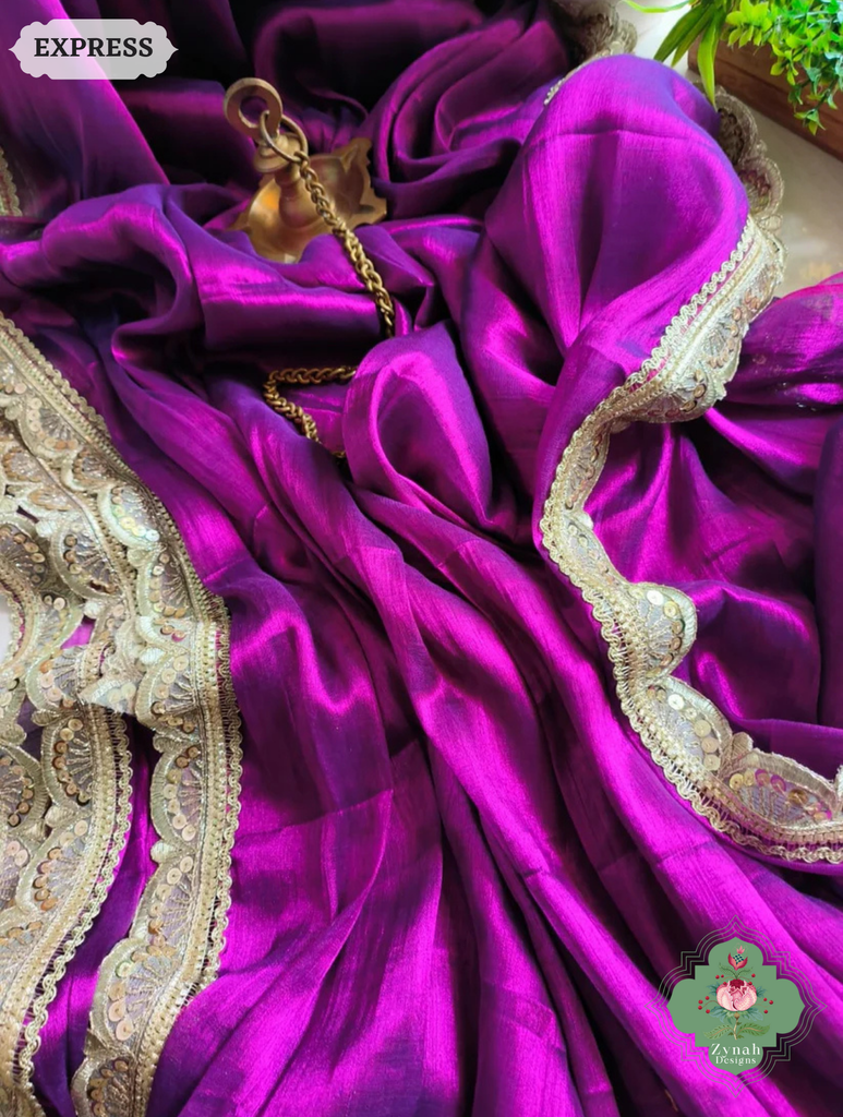 Zynah Metallic Magenta Linen Tissue Saree With Scalloped Lace & Mustard Tassels; Custom Stitched/Ready-made Blouse, Fall, Petticoat; SKU: 2703202512