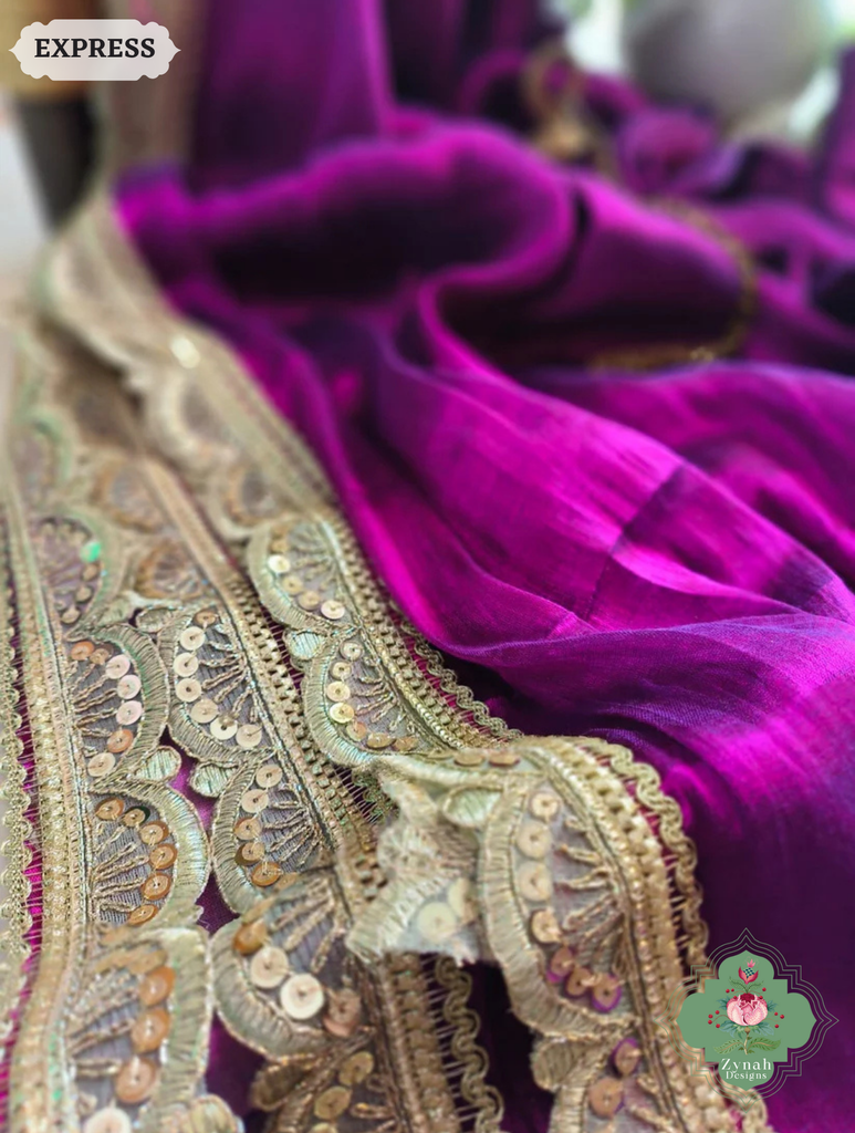 Zynah Metallic Magenta Linen Tissue Saree With Scalloped Lace & Mustard Tassels; Custom Stitched/Ready-made Blouse, Fall, Petticoat; SKU: 2703202512