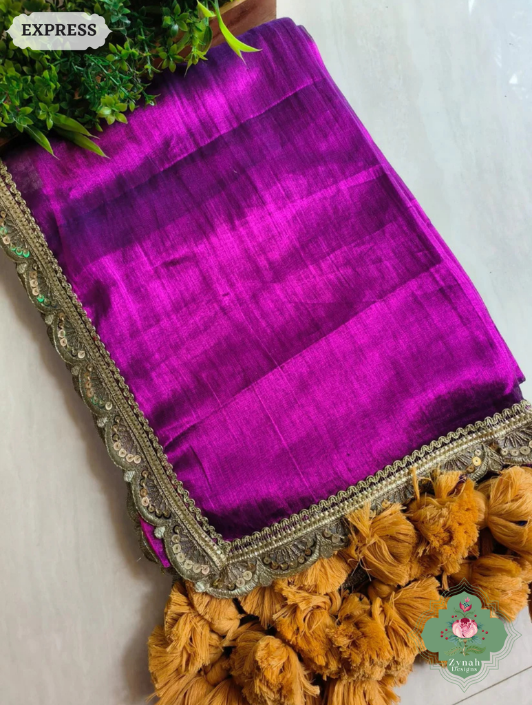 Zynah Metallic Magenta Linen Tissue Saree With Scalloped Lace & Mustard Tassels; Custom Stitched/Ready-made Blouse, Fall, Petticoat; SKU: 2703202512