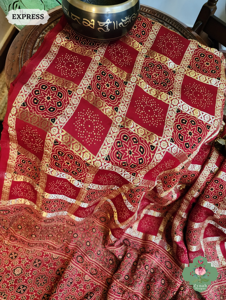 Zynah Maroon Ajrakh Modal Silk Hand Block Printed Gharchola Saree With Gold Woven Border; Custom Stitched/Ready-made Blouse, Fall, Petticoat; SKU: 3107202501