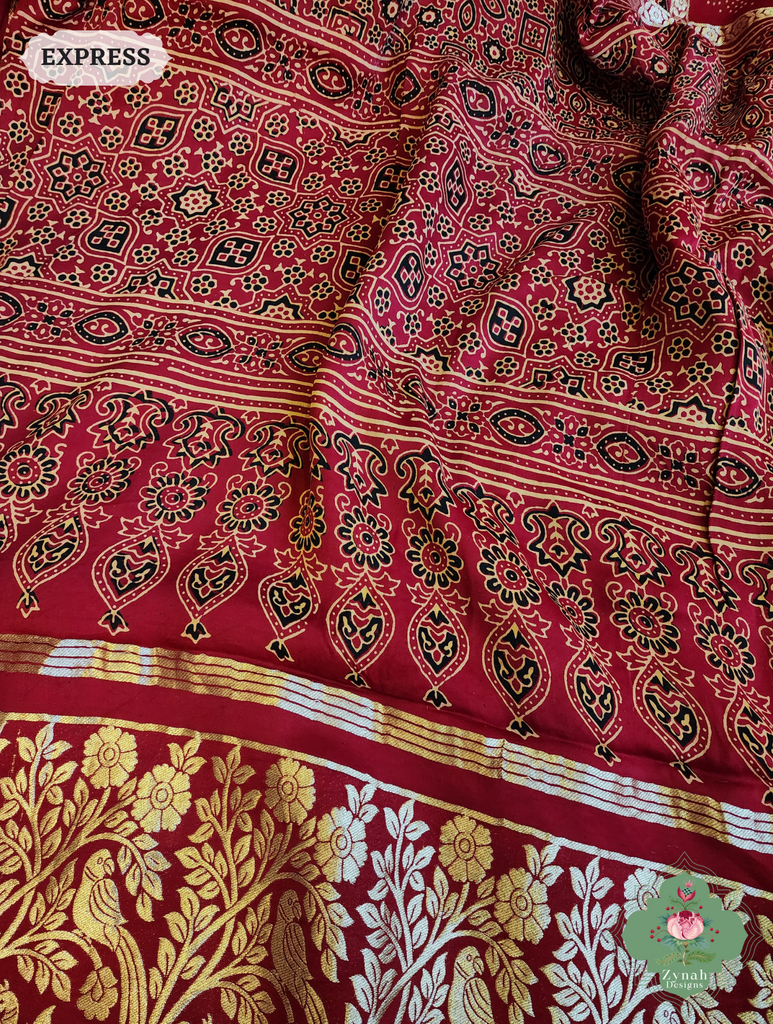 Zynah Maroon Ajrakh Modal Silk Hand Block Printed Gharchola Saree With Gold Woven Border; Custom Stitched/Ready-made Blouse, Fall, Petticoat; SKU: 3107202501