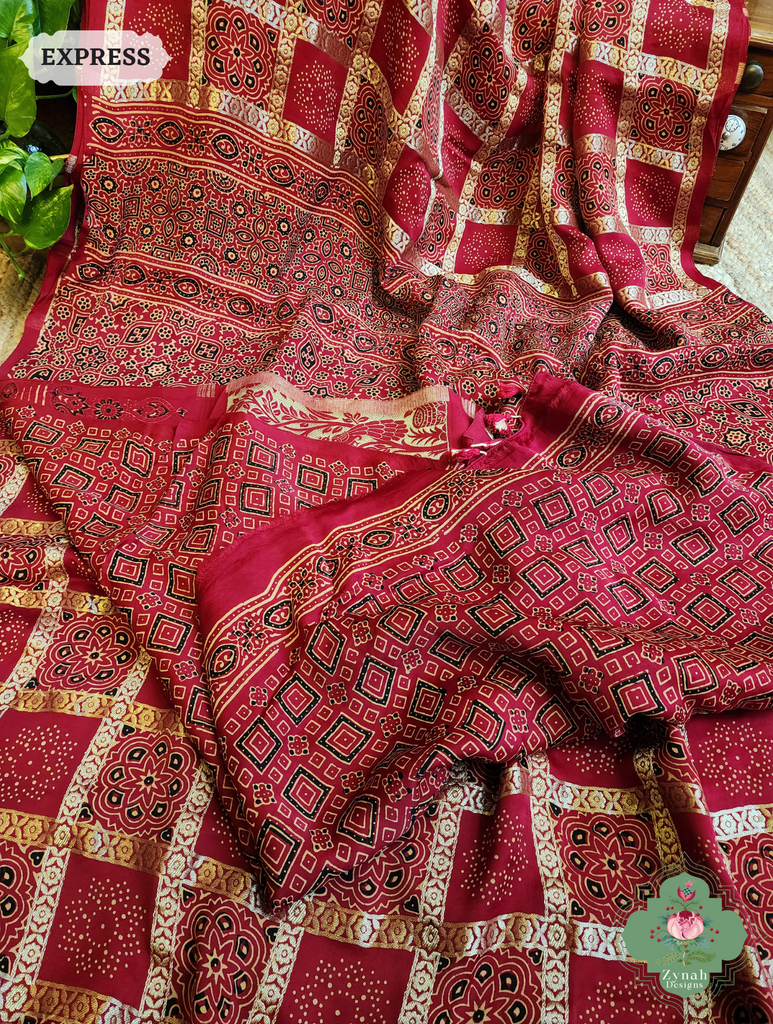 Zynah Maroon Ajrakh Modal Silk Hand Block Printed Gharchola Saree With Gold Woven Border; Custom Stitched/Ready-made Blouse, Fall, Petticoat; SKU: 3107202501