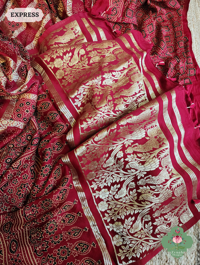 Zynah Maroon Ajrakh Modal Silk Hand Block Printed Gharchola Saree With Gold Woven Border; Custom Stitched/Ready-made Blouse, Fall, Petticoat; SKU: 3107202501