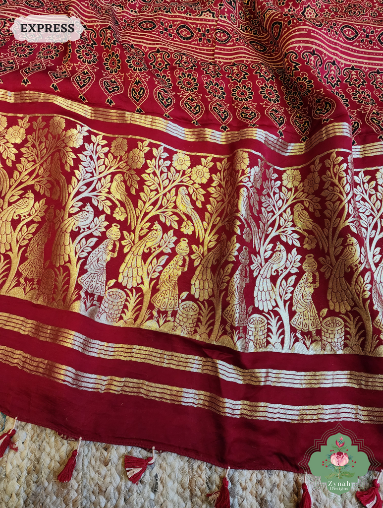 Zynah Maroon Ajrakh Modal Silk Hand Block Printed Gharchola Saree With Gold Woven Border; Custom Stitched/Ready-made Blouse, Fall, Petticoat; SKU: 3107202501