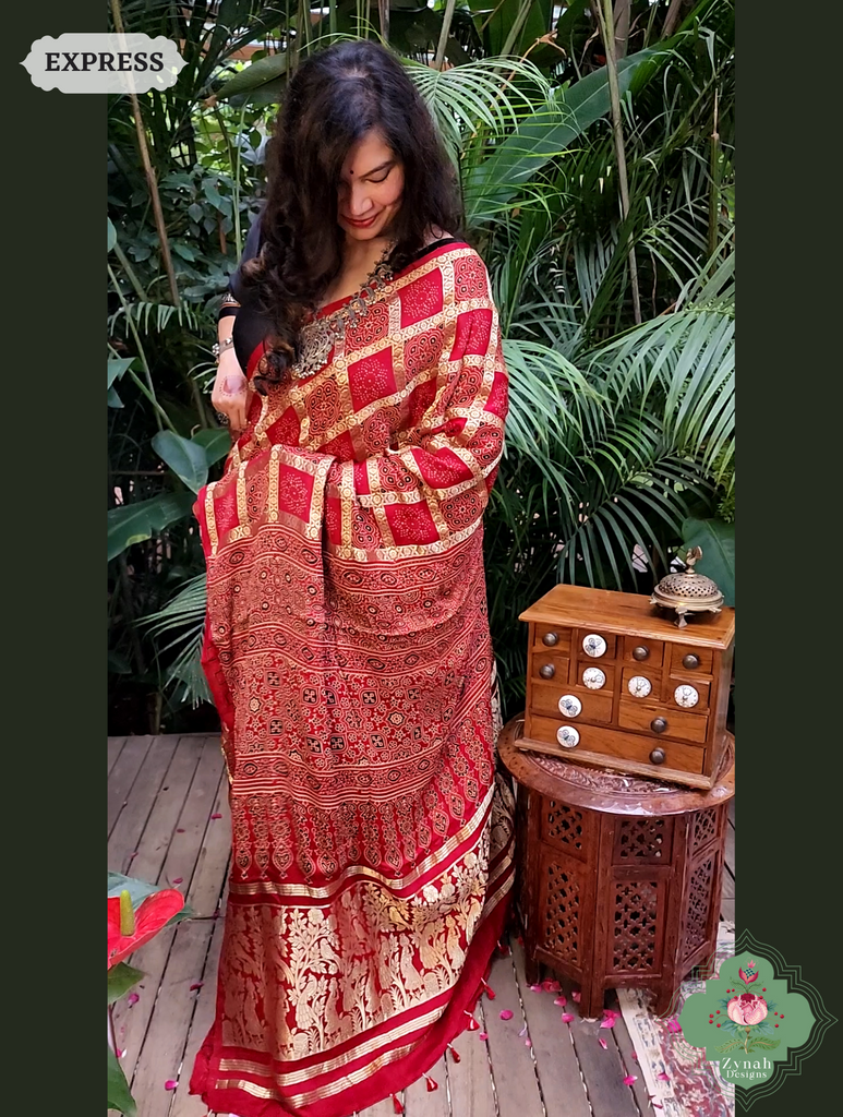 Zynah Maroon Ajrakh Modal Silk Hand Block Printed Gharchola Saree With Gold Woven Border; Custom Stitched/Ready-made Blouse, Fall, Petticoat; SKU: 3107202501