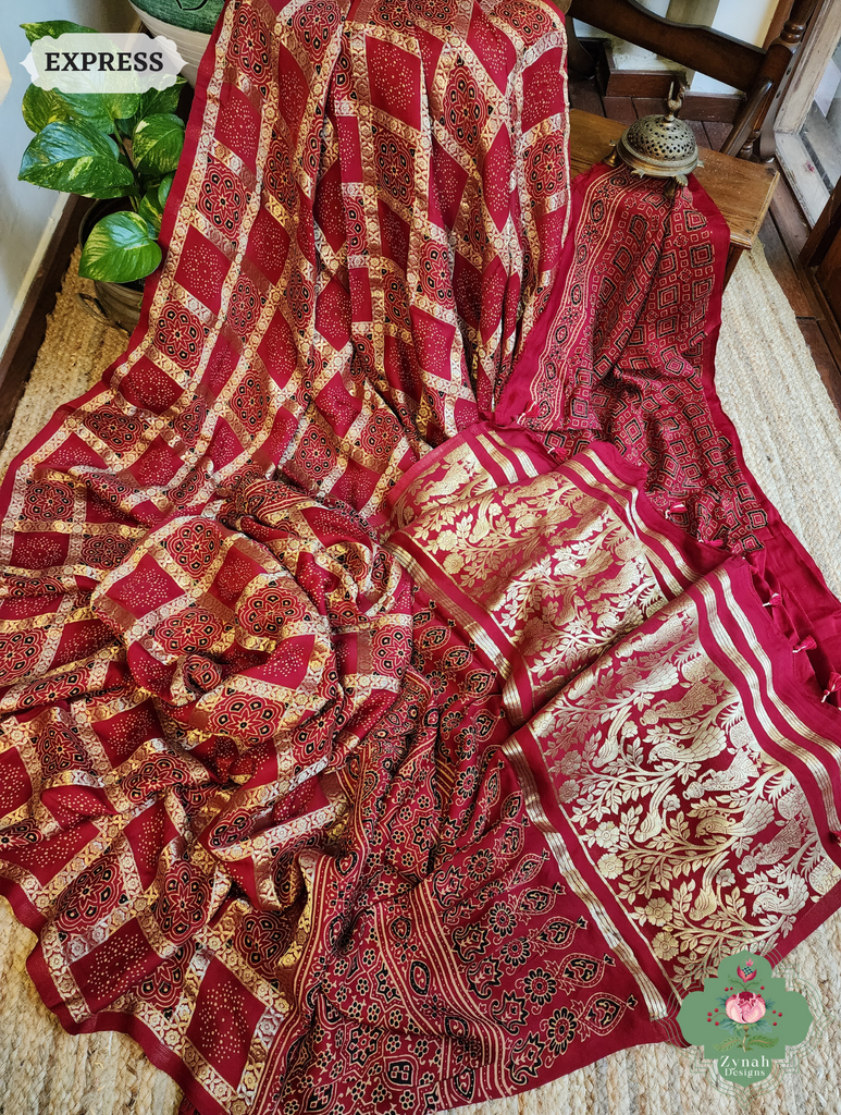 Zynah Maroon Ajrakh Modal Silk Hand Block Printed Gharchola Saree With Gold Woven Border; Custom Stitched/Ready-made Blouse, Fall, Petticoat; SKU: 3107202501