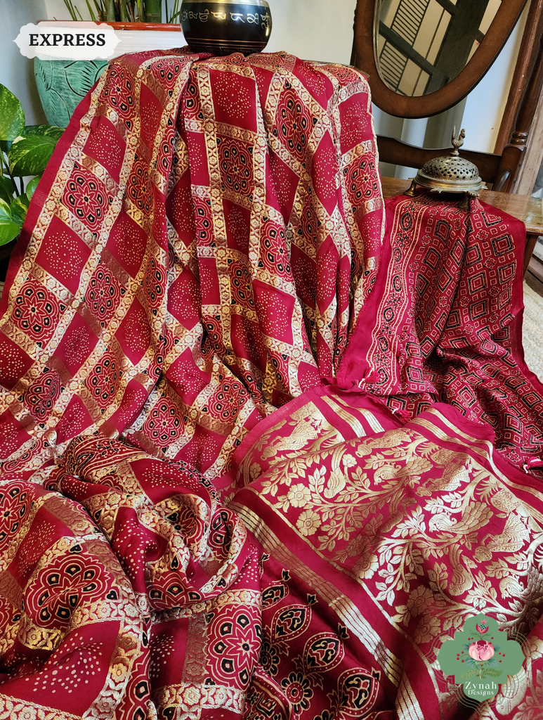 Zynah Maroon Ajrakh Modal Silk Hand Block Printed Gharchola Saree With Gold Woven Border; Custom Stitched/Ready-made Blouse, Fall, Petticoat; SKU: 3107202501
