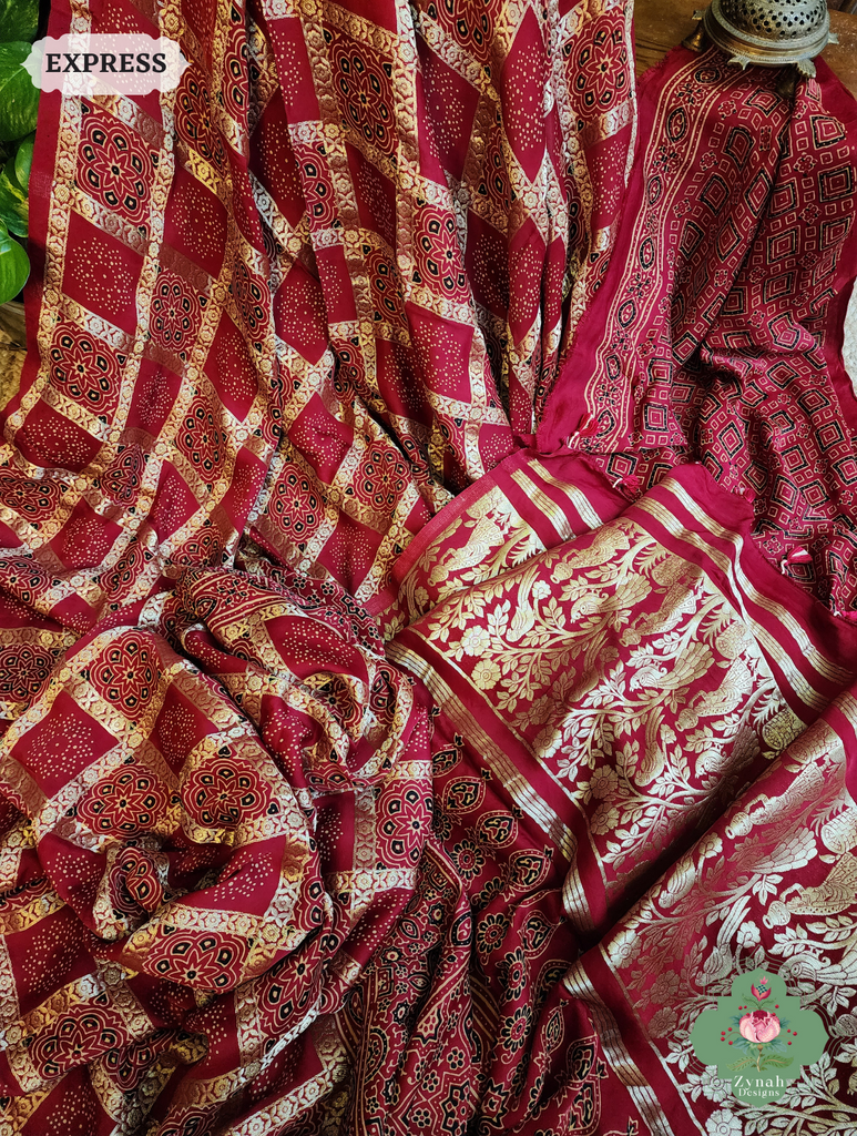 Zynah Maroon Ajrakh Modal Silk Hand Block Printed Gharchola Saree With Gold Woven Border; Custom Stitched/Ready-made Blouse, Fall, Petticoat; SKU: 3107202501
