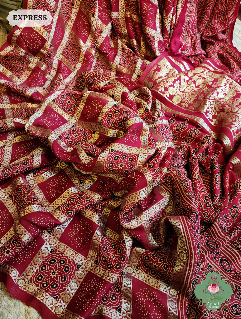 Zynah Maroon Ajrakh Modal Silk Hand Block Printed Gharchola Saree With Gold Woven Border; Custom Stitched/Ready-made Blouse, Fall, Petticoat; SKU: 3107202501