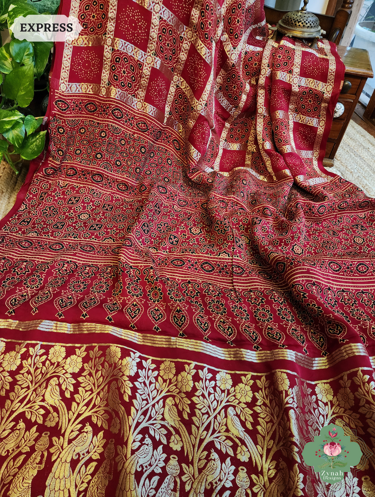 Zynah Maroon Ajrakh Modal Silk Hand Block Printed Gharchola Saree With Gold Woven Border; Custom Stitched/Ready-made Blouse, Fall, Petticoat; SKU: 3107202501
